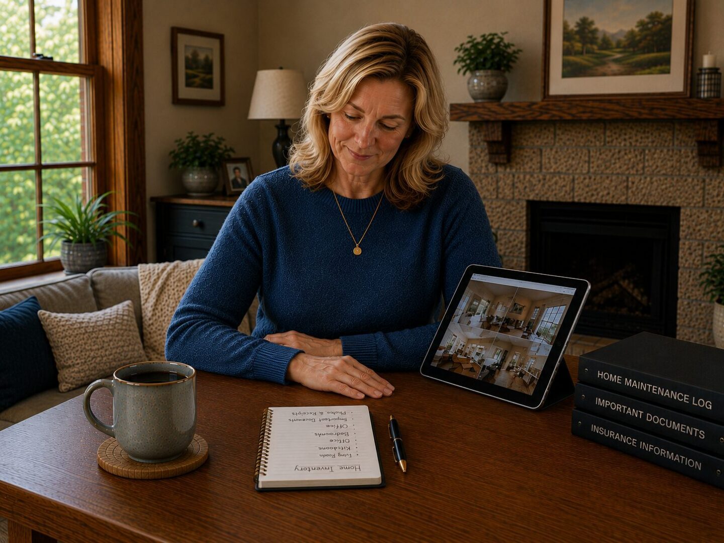 Homeowner reviewing her home's virtual inventory on the tablet while comparing it to her own checklist.